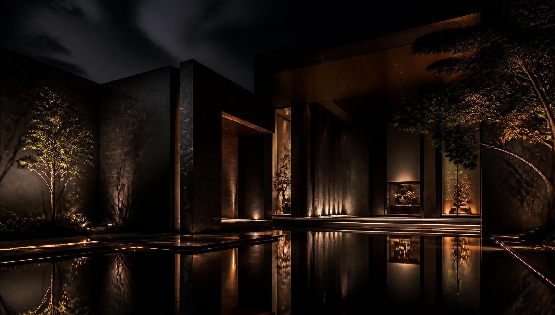 Arquitetura contemporânea sofisticada iluminada à noite com espelho d'água