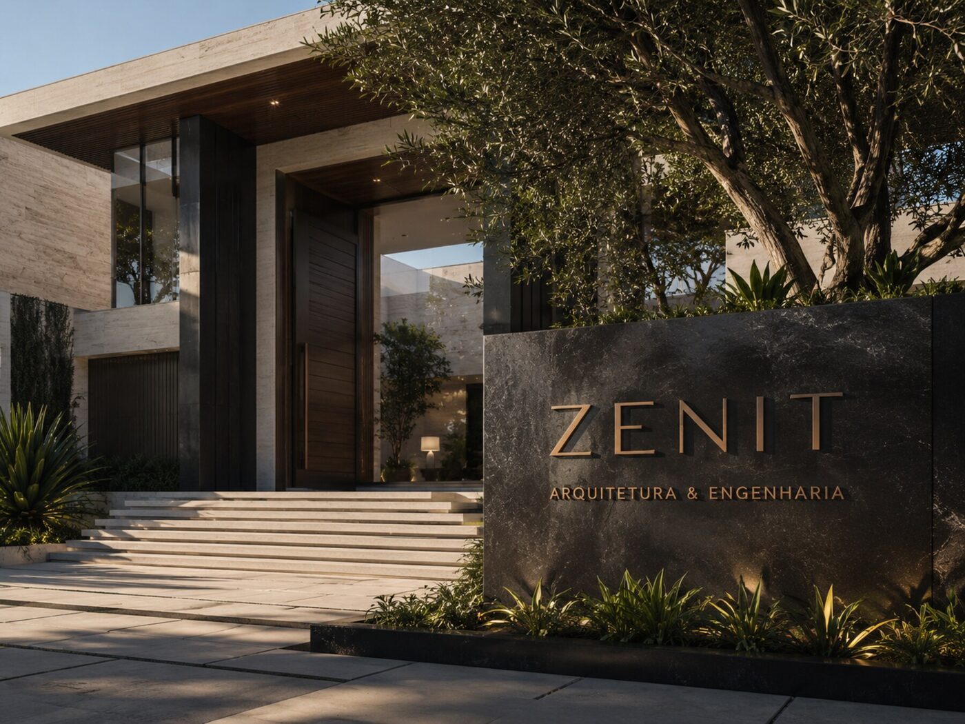 Residência de alto padrão com placa física ZENIT Arquitetura & Engenharia em muro de pedra