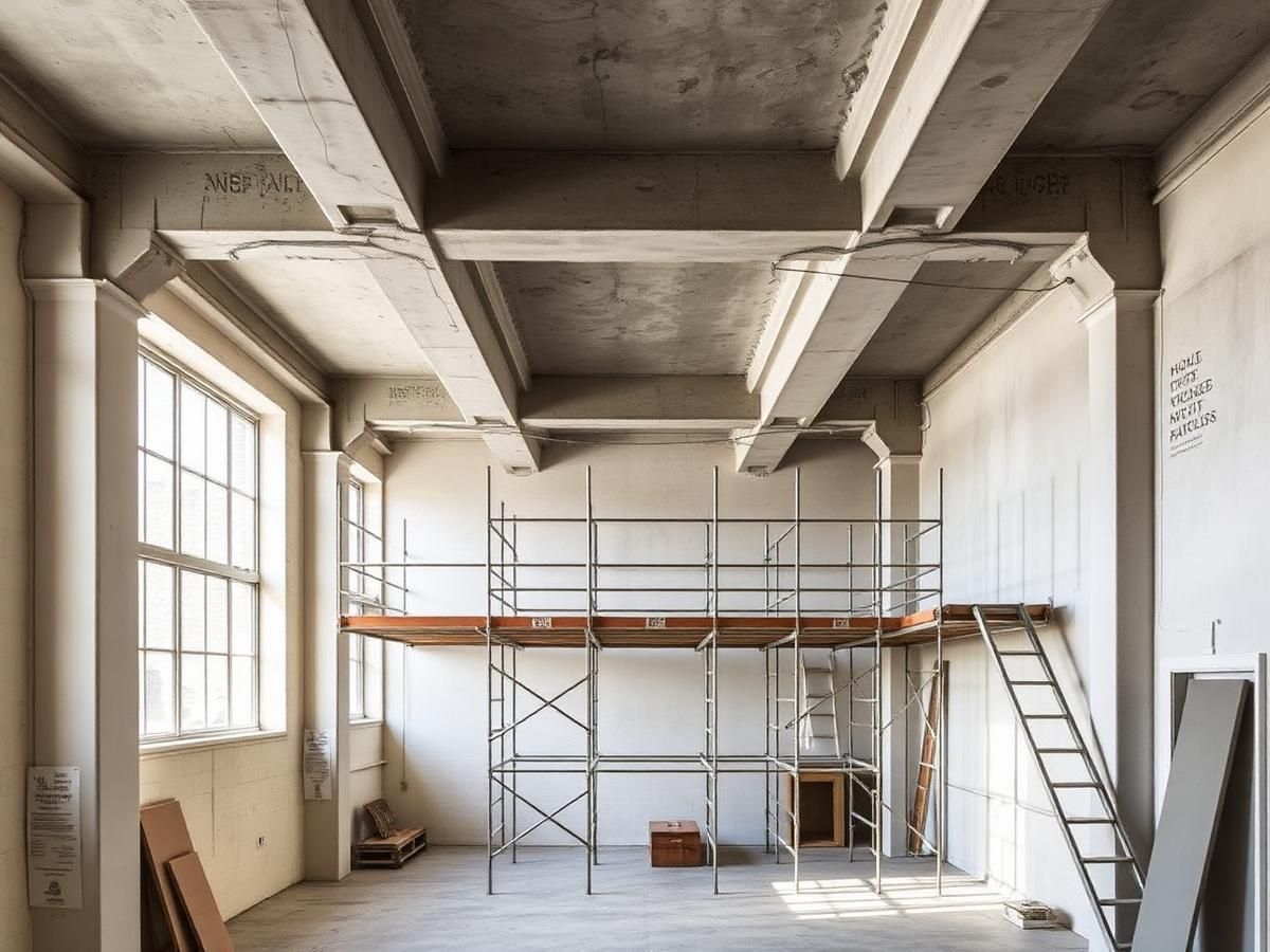 Detalhe construtivo em concreto aparente e estrutura metálica